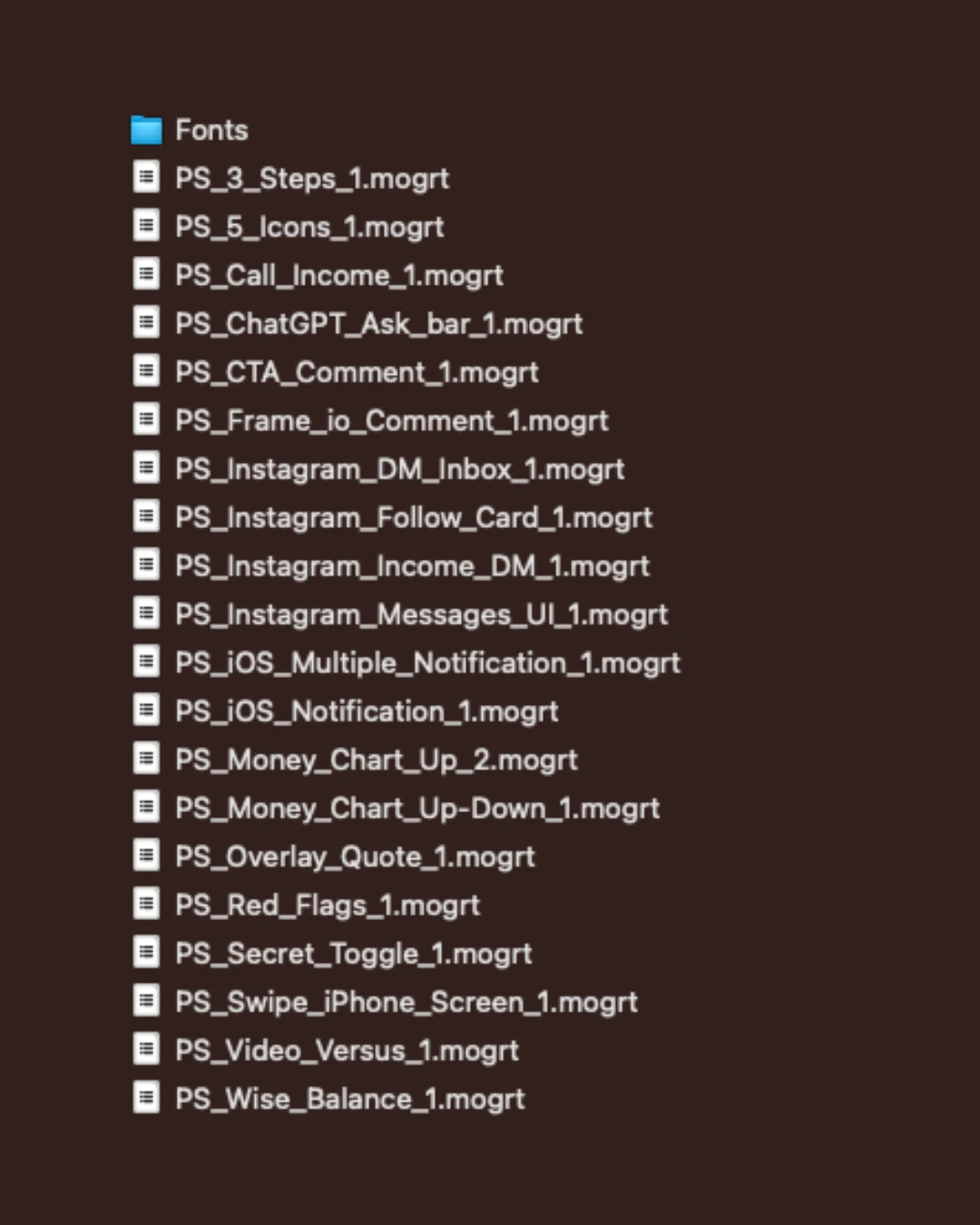 Le zip ouvert : 20 fichiers .mogrt et le dossier Fonts